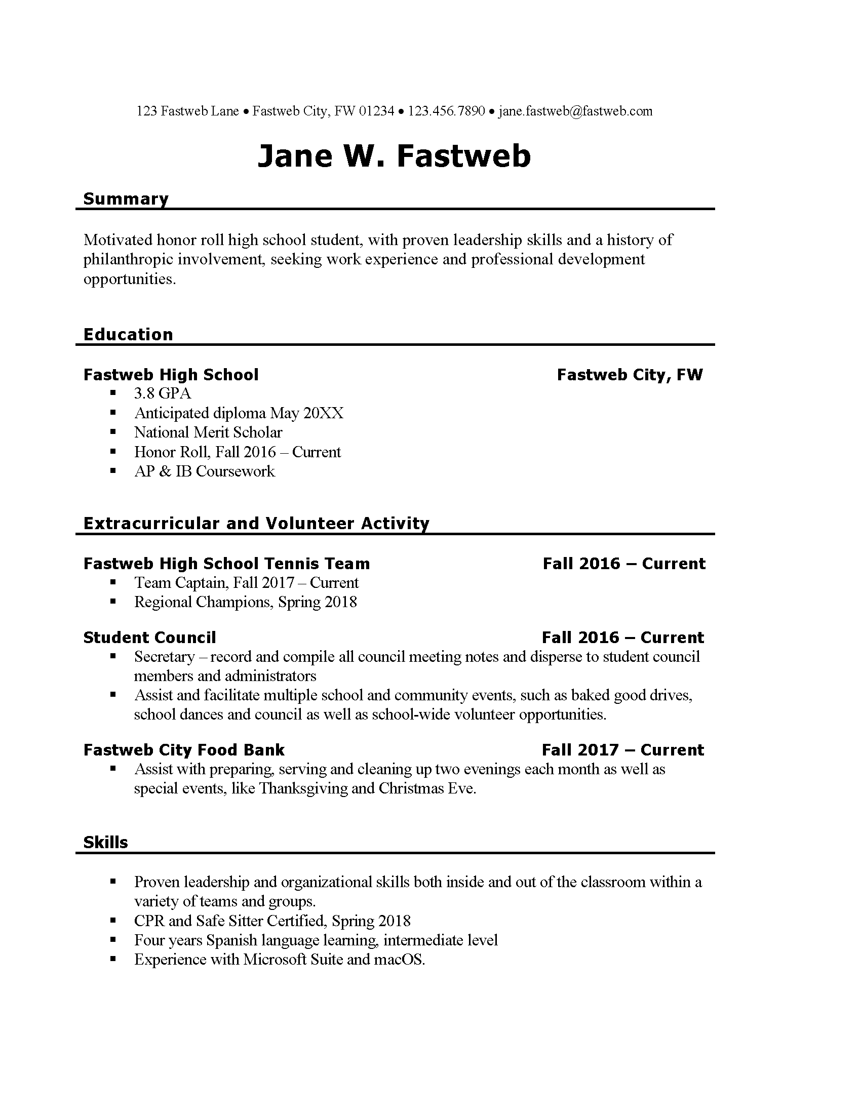 resume objective for high school student first job