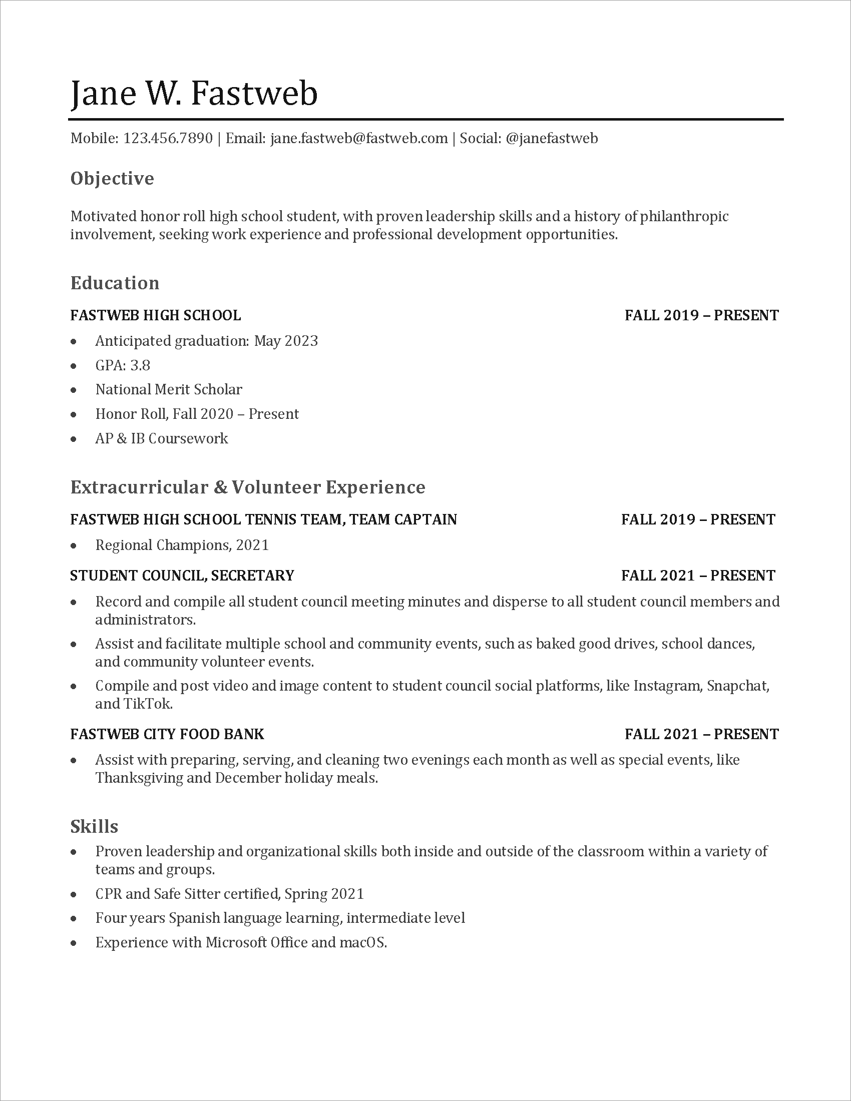sample student resumes no experience