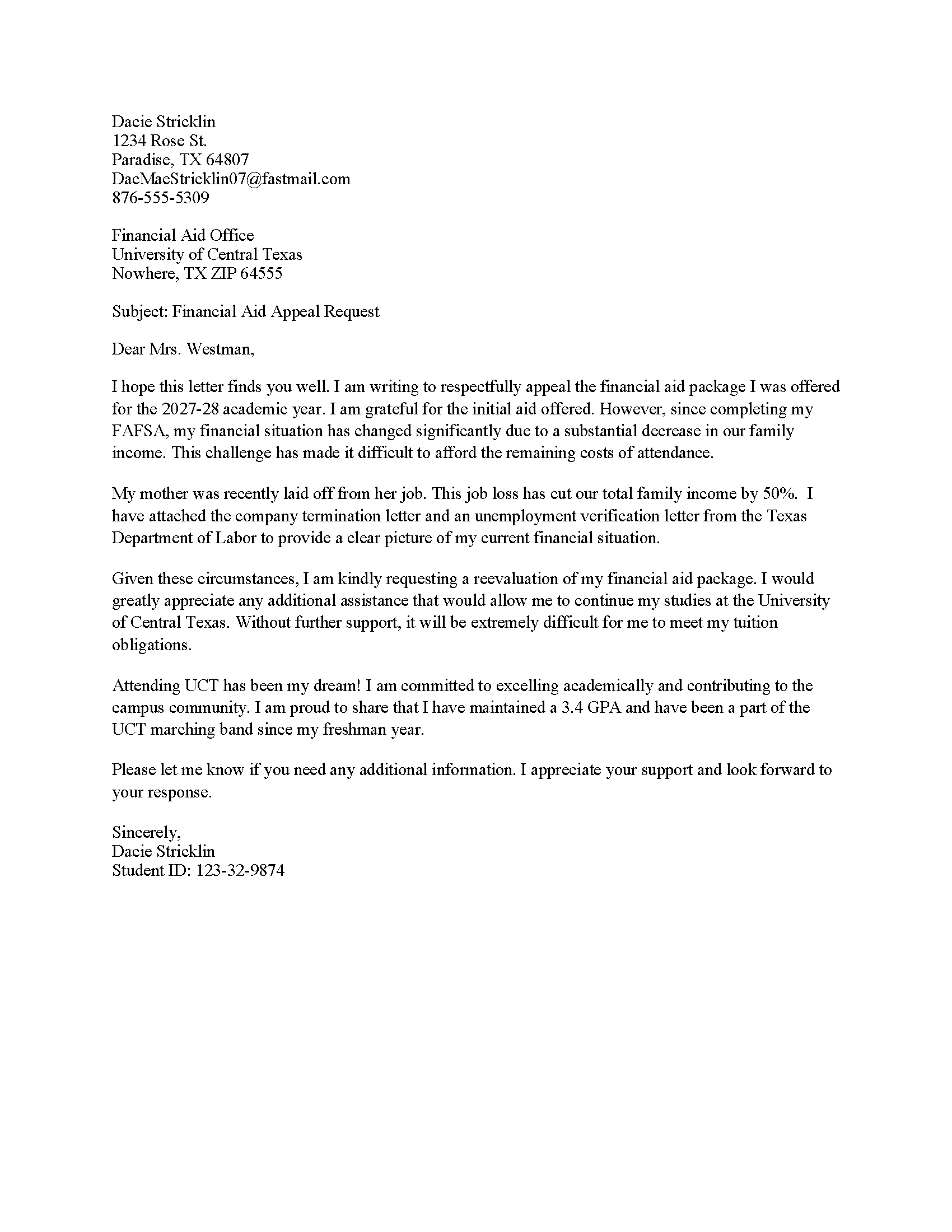 Sample Financial Aid Award Letter